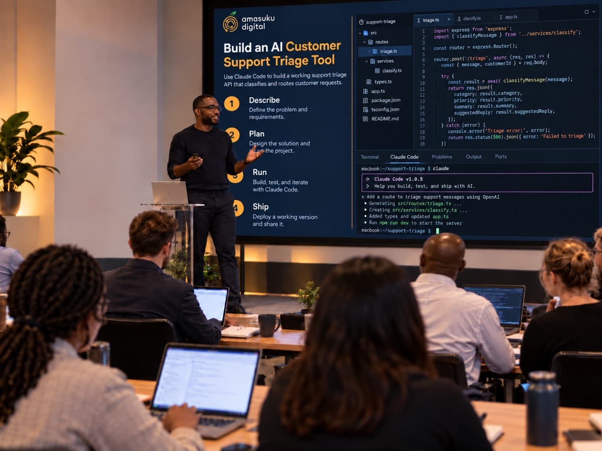 A team building working AI-powered prototypes during an Amasuku training session