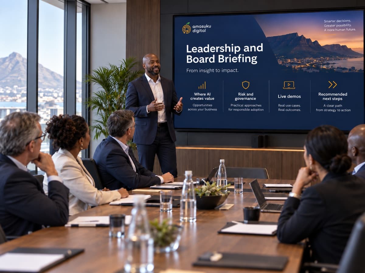 An executive briefing session with directors reviewing AI strategy