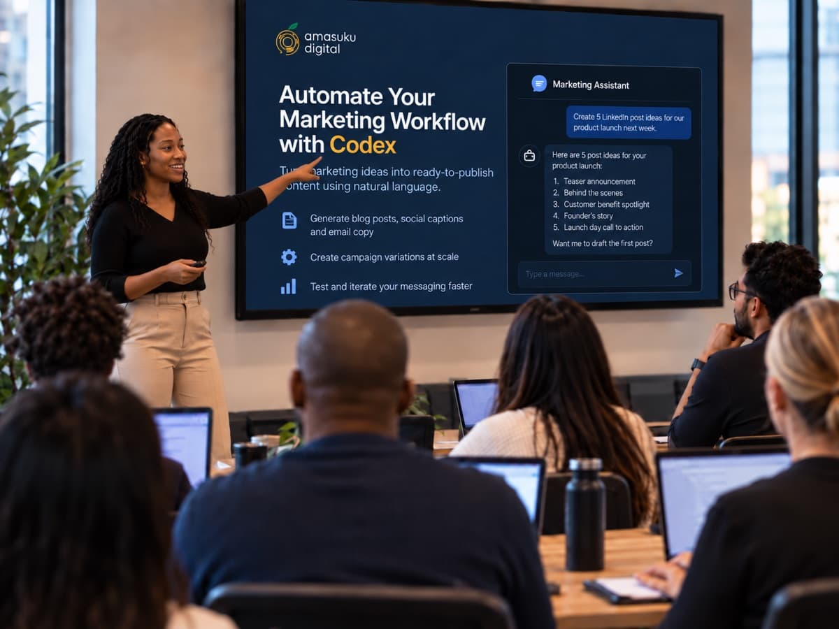 A facilitator leading a team workshop on automating marketing workflows with AI